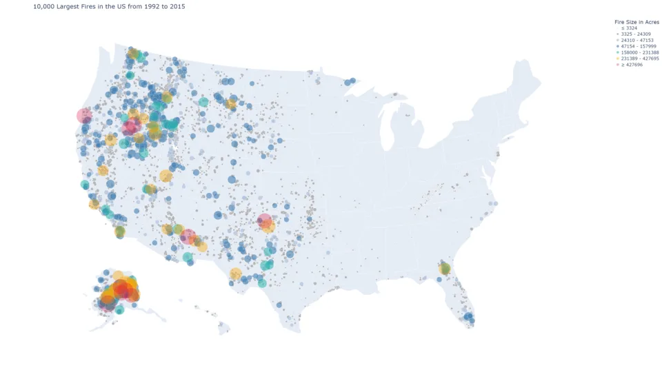 Map of the largest U.S. wildfires from 1992 to 2015